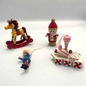 Vtg Wood Christmas Ornaments Hand Painted Santa Train Girl Doll Rocking Horse